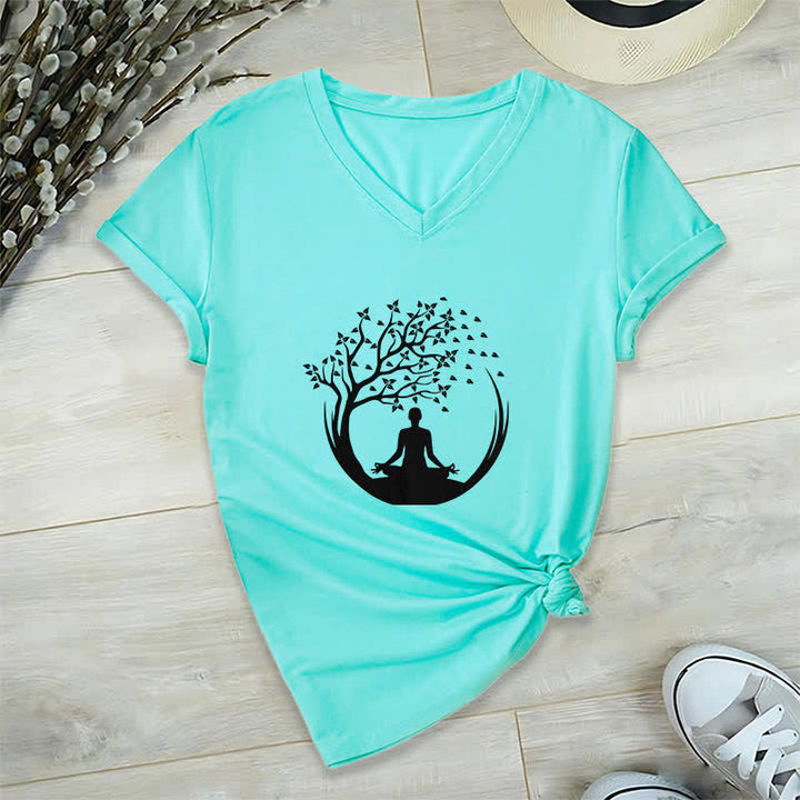 Olivenorma Yoga Meditación Pilates Namaste Camiseta de cuello en V - Lago Azul - 2XL - image 24