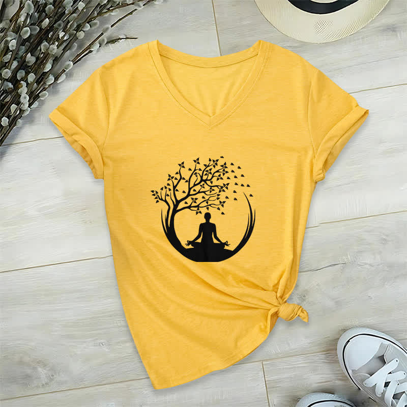 Olivenorma Yoga Meditación Pilates Namaste Camiseta de cuello en V - Amarillo - 2XL - image 16