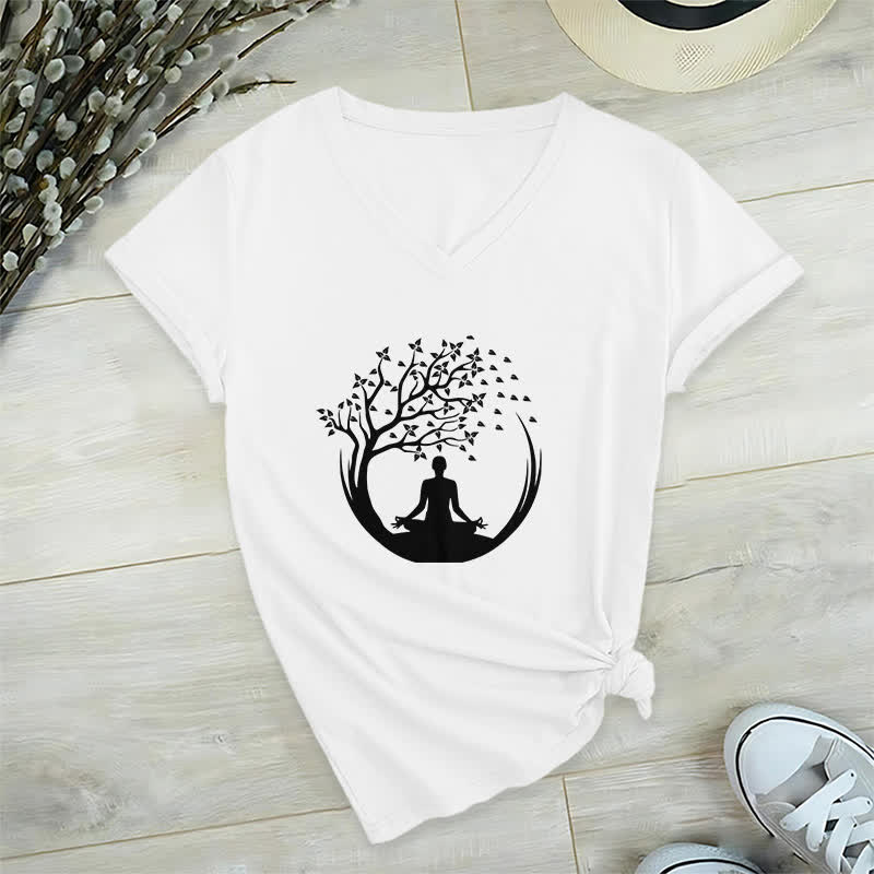 Olivenorma Yoga Meditación Pilates Namaste Camiseta de cuello en V - Blanco - 2XL - image 1