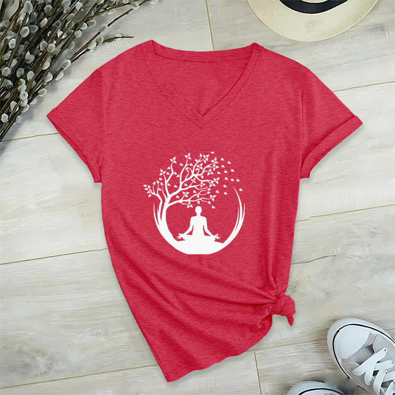 Olivenorma Yoga Meditación Pilates Namaste Camiseta de cuello en V - Rojo - 2XL - image 14