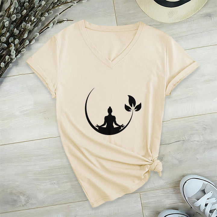 Camiseta de cuello en V con meditación de Buda de loto de Olivenorma Yoga - Caqui - 2XL - image 23