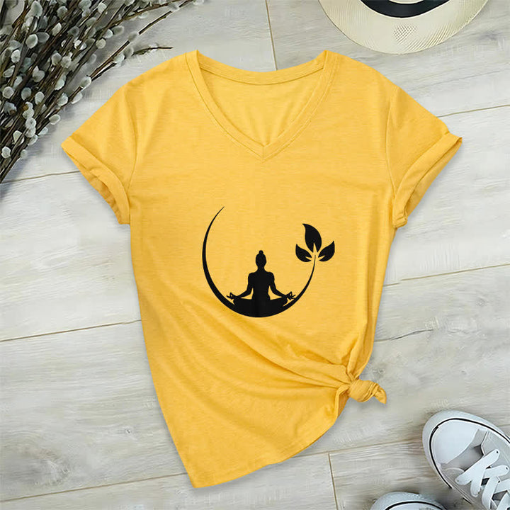 Camiseta de cuello en V con meditación de Buda de loto de Olivenorma Yoga - Amarillo - 2XL - image 1