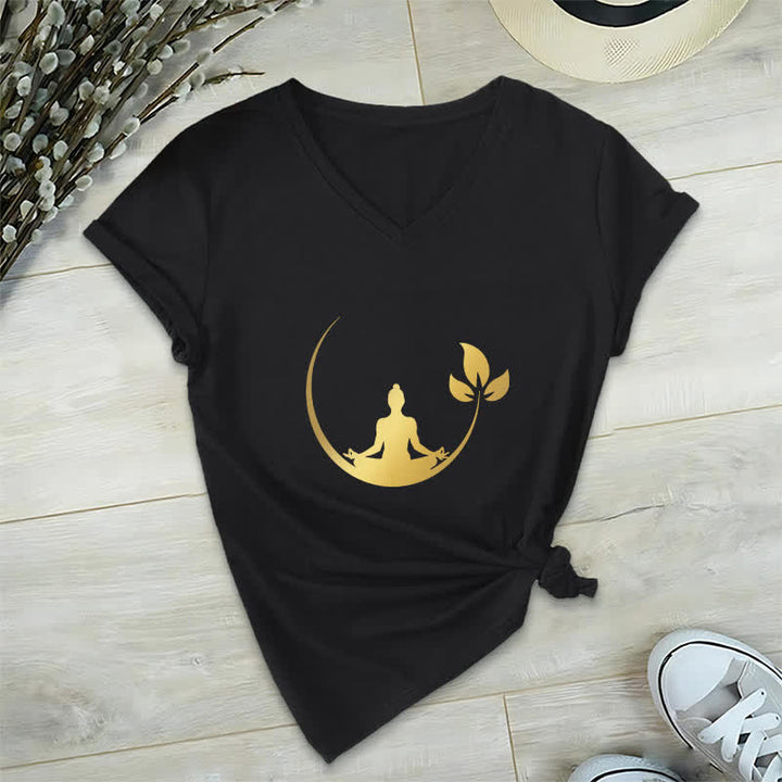 Camiseta de cuello en V con meditación de Buda de loto de Olivenorma Yoga - Negro - 2XL - image 15
