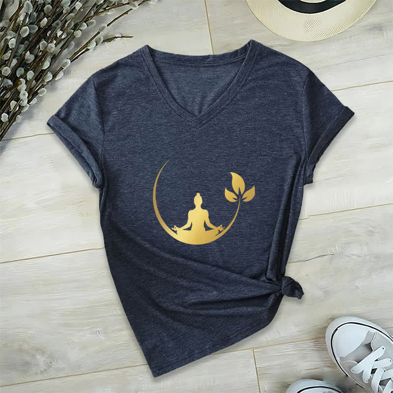 Camiseta de cuello en V con meditación de Buda de loto de Olivenorma Yoga - Azul marino - 2XL - image 7