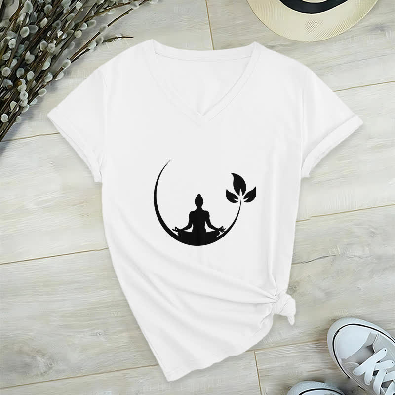 Camiseta de cuello en V con meditación de Buda de loto de Olivenorma Yoga - Blanco - 2XL - image 4