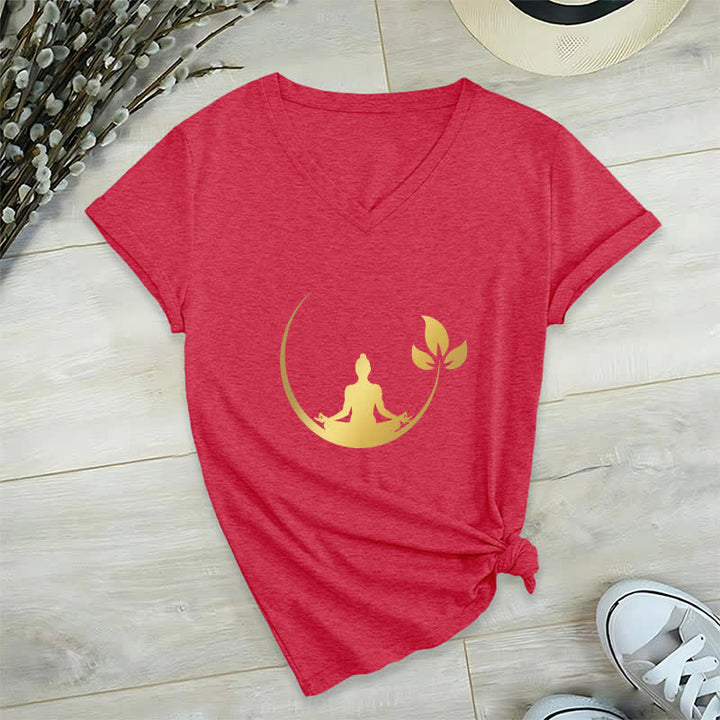 Camiseta de cuello en V con meditación de Buda de loto de Olivenorma Yoga - Rojo - 2XL - image 17