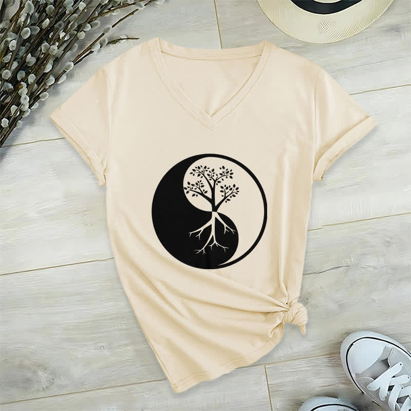 Camiseta Olivenorma con cuello en V para yoga, meditación y árbol Yin Yang - Caqui - 2XL - image 22