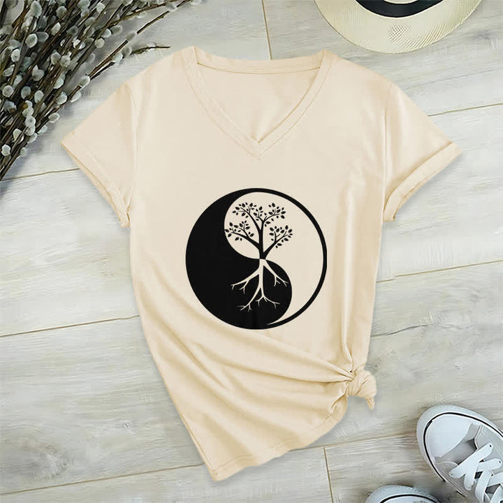 Camiseta Olivenorma con cuello en V para yoga, meditación y árbol Yin Yang - Caqui - 2XL - image 22