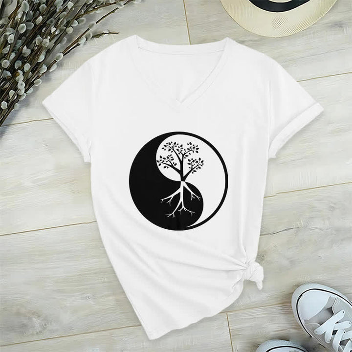 Camiseta Olivenorma con cuello en V para yoga, meditación y árbol Yin Yang - Blanco - 2XL - image 4