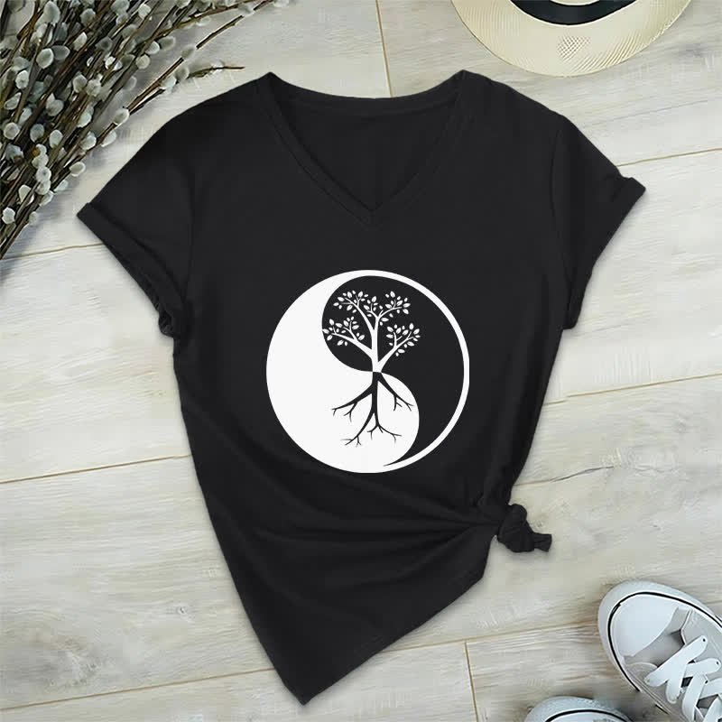 Camiseta Olivenorma con cuello en V para yoga, meditación y árbol Yin Yang - Negro - 2XL - image 12