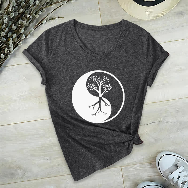 Camiseta Olivenorma con cuello en V para yoga, meditación y árbol Yin Yang - Gris - 2XL - image 1