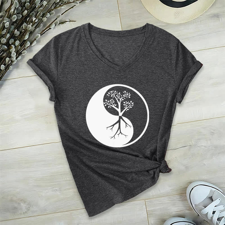 Camiseta Olivenorma con cuello en V para yoga, meditación y árbol Yin Yang - Gris - 2XL - image 1