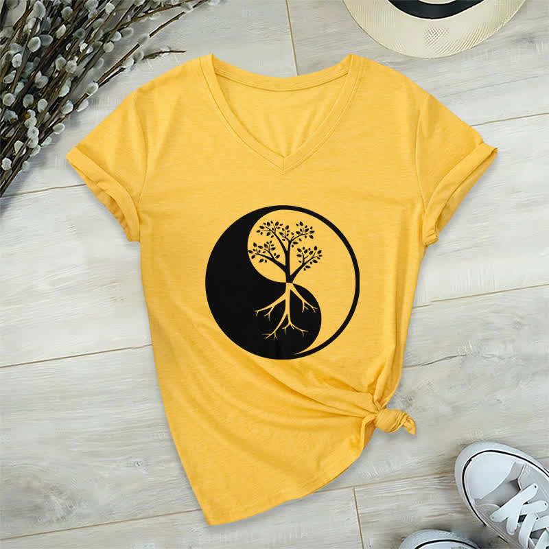 Camiseta Olivenorma con cuello en V para yoga, meditación y árbol Yin Yang - Amarillo - 2XL - image 16