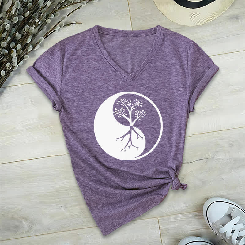 Camiseta Olivenorma con cuello en V para yoga, meditación y árbol Yin Yang - Púrpura - 2XL - image 26