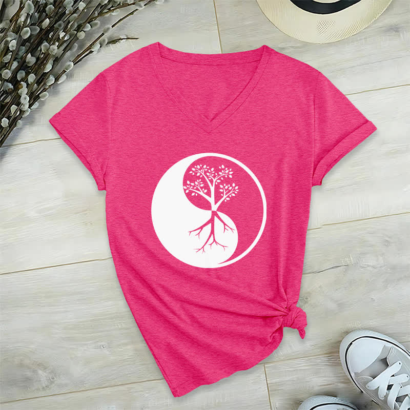 Camiseta Olivenorma con cuello en V para yoga, meditación y árbol Yin Yang - Rosa roja - 2XL - image 20