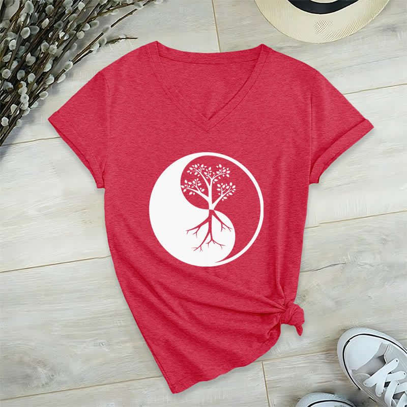 Camiseta Olivenorma con cuello en V para yoga, meditación y árbol Yin Yang - Rojo - 2XL - image 14