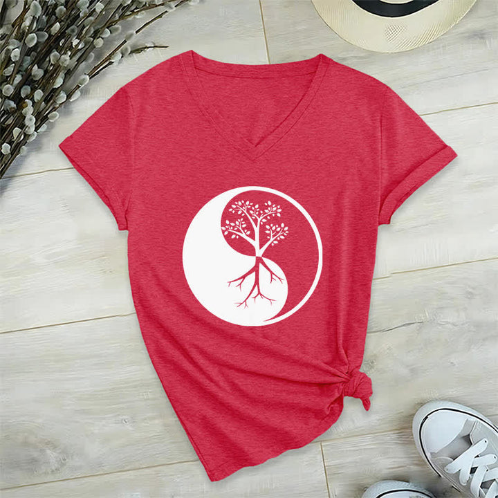 Camiseta Olivenorma con cuello en V para yoga, meditación y árbol Yin Yang - Rojo - 2XL - image 14