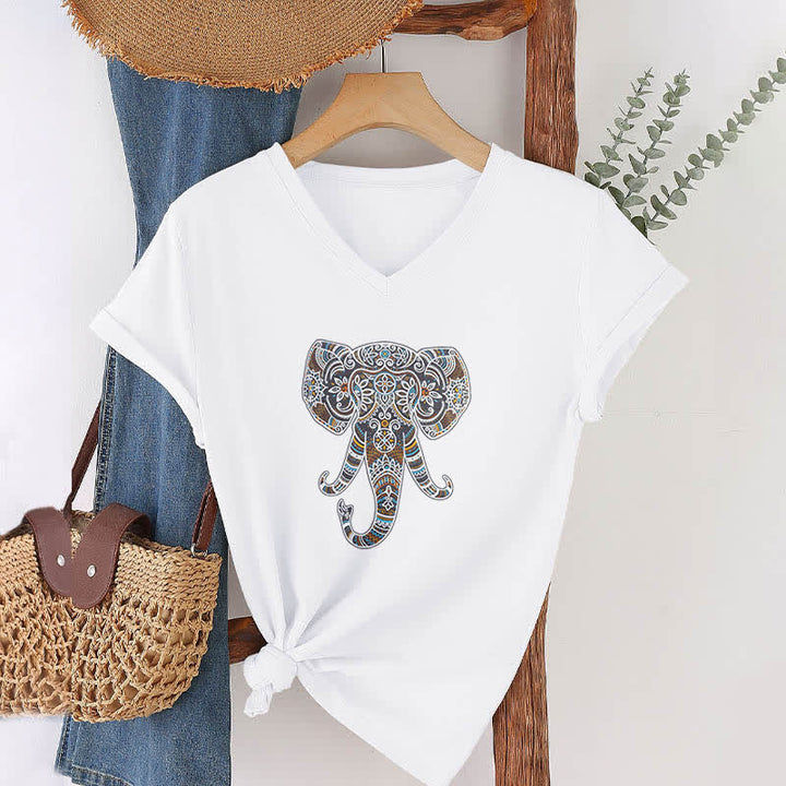 Camiseta Olivenorma con cuello en V para mujer con elefantes de naturaleza y animales - image 6
