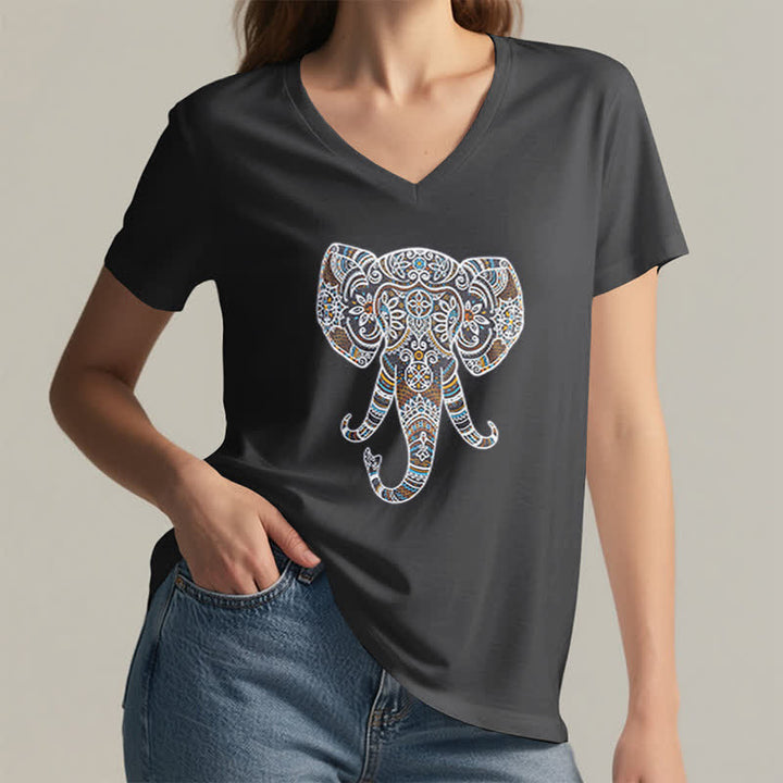 Camiseta Olivenorma con cuello en V para mujer con elefantes de naturaleza y animales - image 3