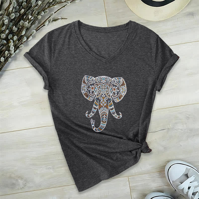 Camiseta Olivenorma con cuello en V para mujer con elefantes de naturaleza y animales - Gris - 2XL - image 1