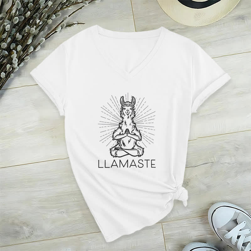 Camiseta Olivenorma con cuello en V para entrenamiento con llama de yoga y Namaste - Blanco - 2XL - image 1