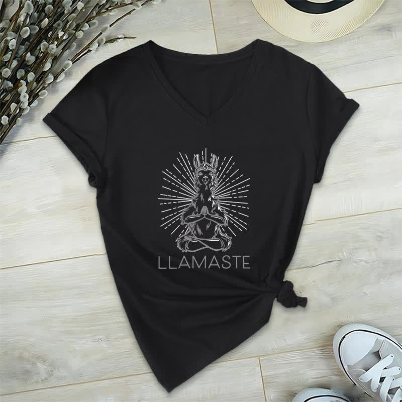 Camiseta Olivenorma con cuello en V para entrenamiento con llama de yoga y Namaste - Negro - 2XL - image 12