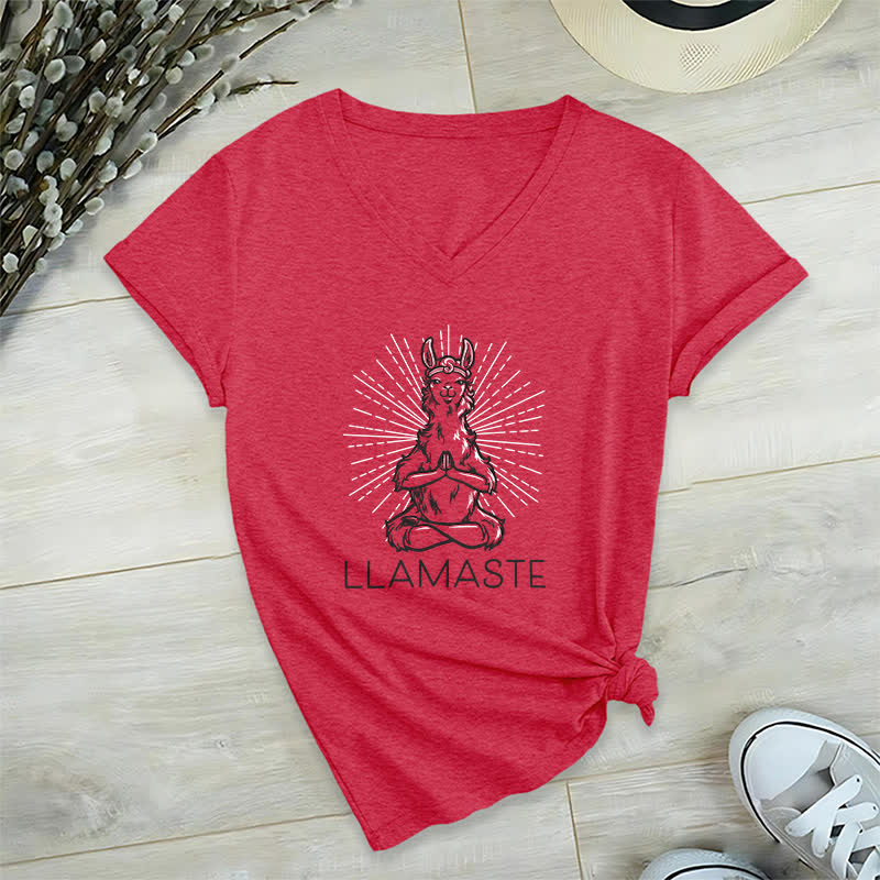 Camiseta Olivenorma con cuello en V para entrenamiento con llama de yoga y Namaste - Rojo - 2XL - image 14