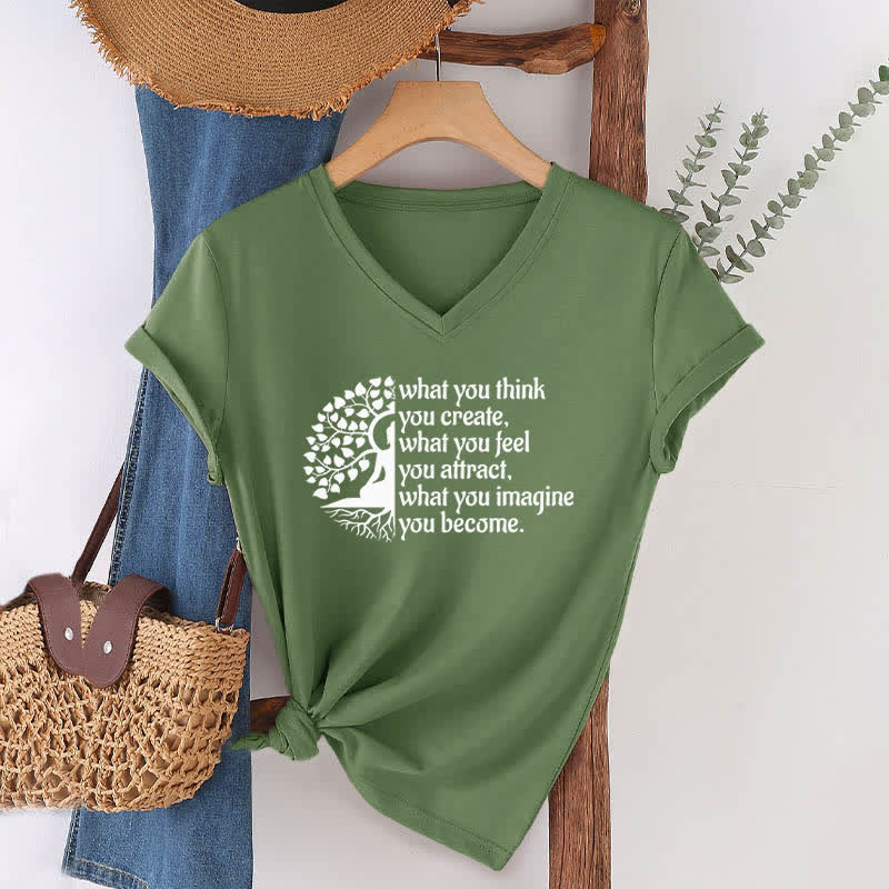 Olivenorma - Camiseta de cuello en V "Lo que piensas, lo creas" - Verde oliva - 2XL - image 7