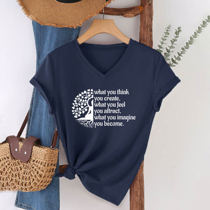 Olivenorma - Camiseta de cuello en V "Lo que piensas, lo creas" - Azul marino - 2XL - image 3
