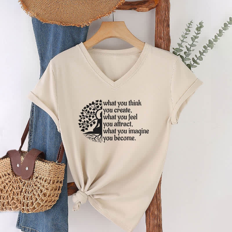 Olivenorma - Camiseta de cuello en V "Lo que piensas, lo creas" - Caqui - 2XL - image 21