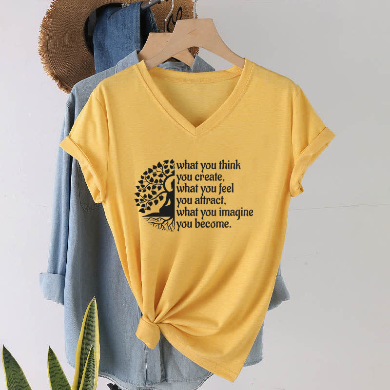 Olivenorma - Camiseta de cuello en V "Lo que piensas, lo creas" - Amarillo - 2XL - image 15