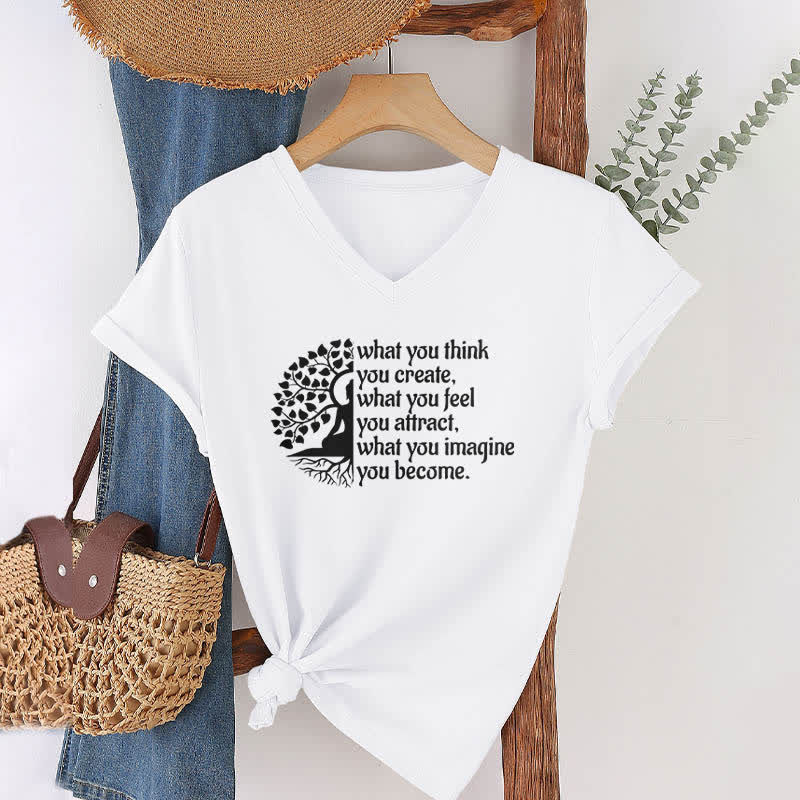 Olivenorma - Camiseta de cuello en V "Lo que piensas, lo creas" - Blanco - 2XL - image 1
