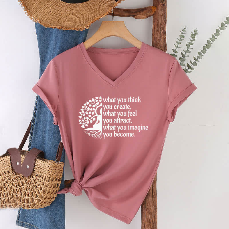 Olivenorma - Camiseta de cuello en V "Lo que piensas, lo creas" - Rosa - 2XL - image 17