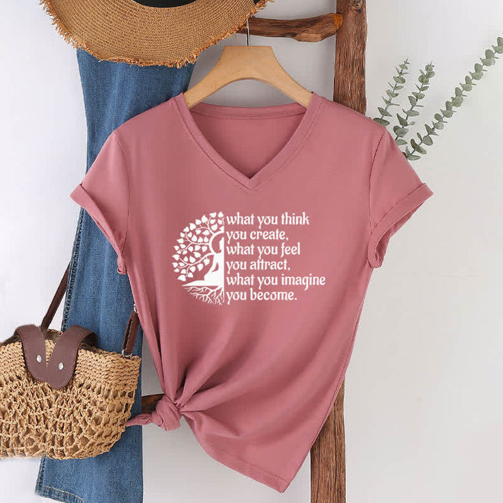 Olivenorma - Camiseta de cuello en V "Lo que piensas, lo creas" - Rosa - 2XL - image 17
