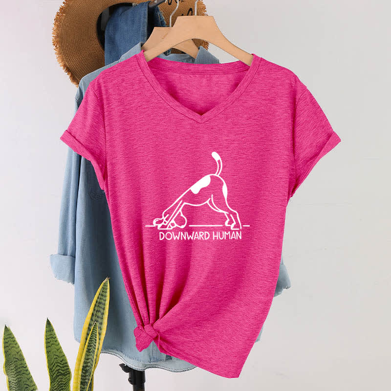 Camiseta Olivenorma de cuello en V para yoga con perro boca abajo - Rosa roja - 2XL - image 19