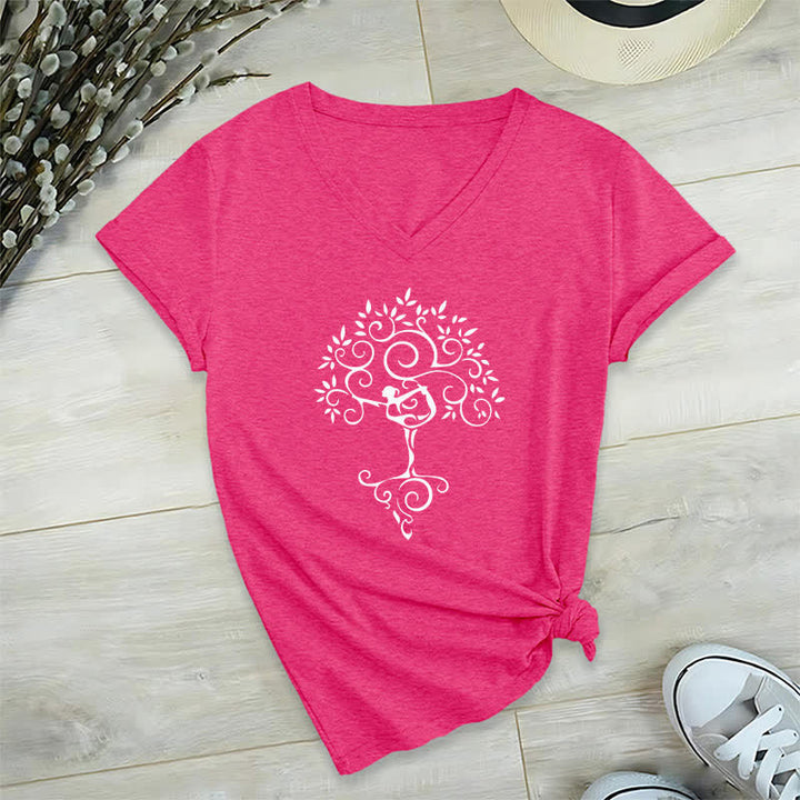 Camiseta de cuello en V con postura del árbol de yoga Olivenorma - Rosa roja - 2XL - image 11