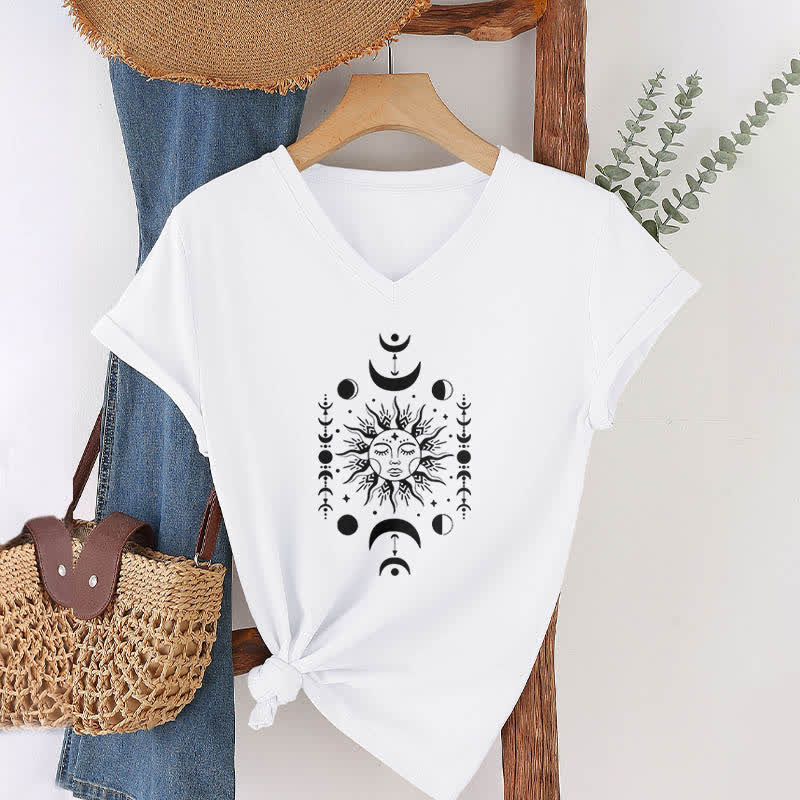 Camiseta de yoga estética Olivenorma con cuello en V y sol y luna - Blanco - image 1