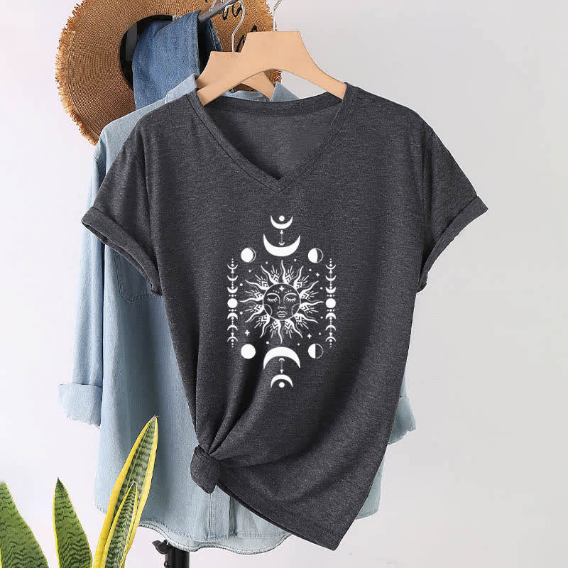Camiseta de yoga estética Olivenorma con cuello en V y sol y luna - Gris - image 9