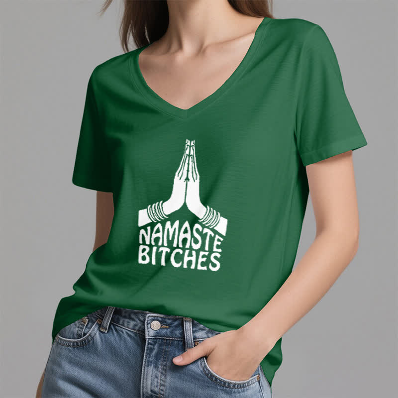Camiseta de cuello en V con la divertida meditación y yoga "Namaste" de Olivenorma - image 7