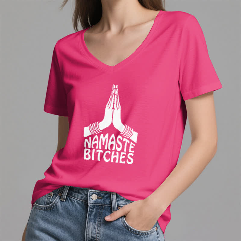 Camiseta de cuello en V con la divertida meditación y yoga "Namaste" de Olivenorma - image 21