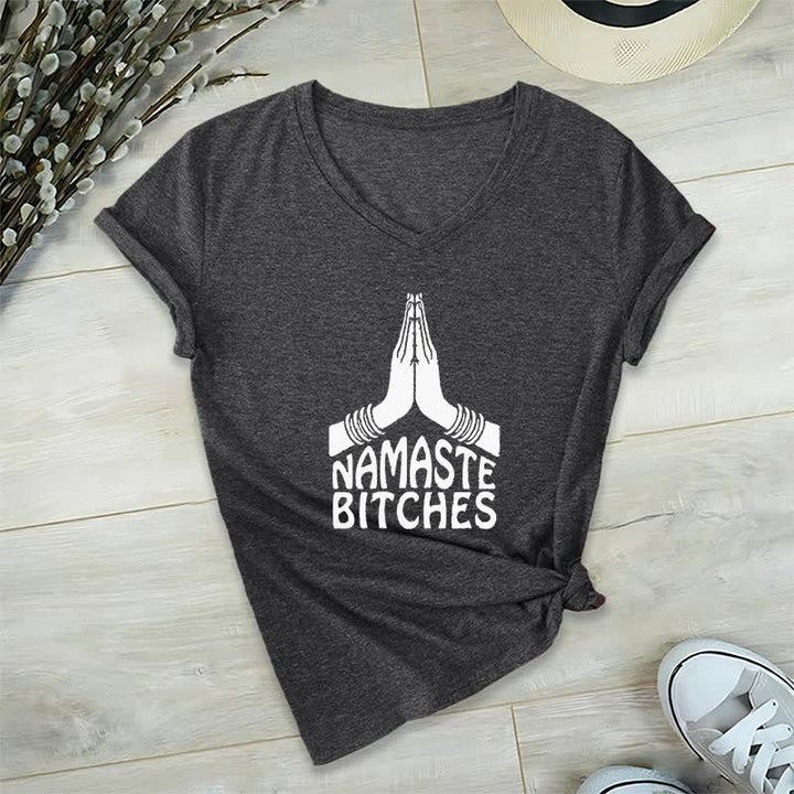 Camiseta de cuello en V con la divertida meditación y yoga "Namaste" de Olivenorma - Gris - 2XL - image 10