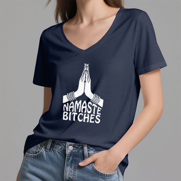Camiseta de cuello en V con la divertida meditación y yoga "Namaste" de Olivenorma - image 5