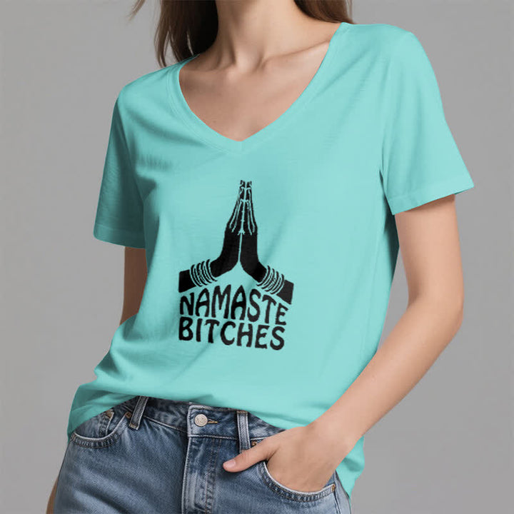 Camiseta de cuello en V con la divertida meditación y yoga "Namaste" de Olivenorma - image 25