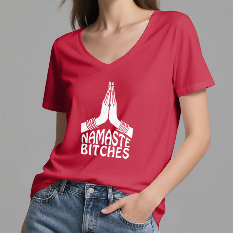 Camiseta de cuello en V con la divertida meditación y yoga "Namaste" de Olivenorma - image 15