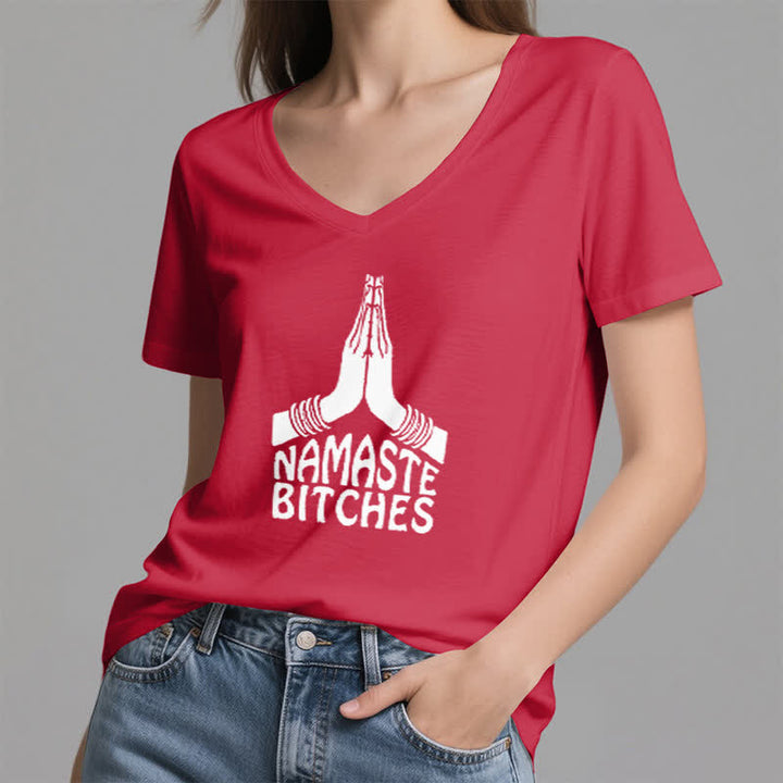 Camiseta de cuello en V con la divertida meditación y yoga "Namaste" de Olivenorma - image 15