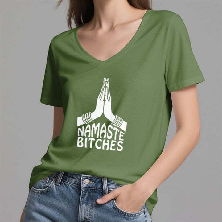Camiseta de cuello en V con la divertida meditación y yoga "Namaste" de Olivenorma - image 9
