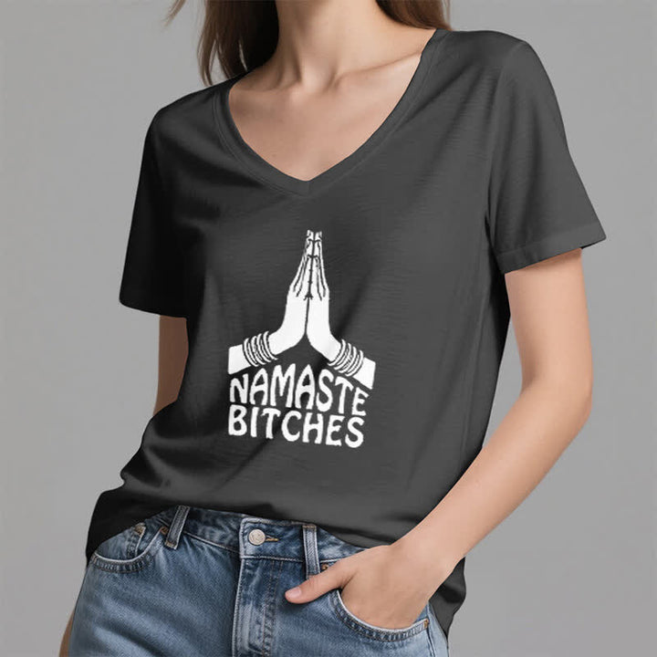Camiseta de cuello en V con la divertida meditación y yoga "Namaste" de Olivenorma - image 11