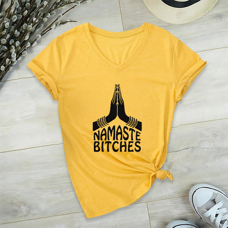 Camiseta de cuello en V con la divertida meditación y yoga "Namaste" de Olivenorma - Amarillo - 2XL - image 16
