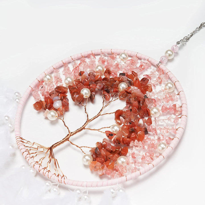 Atrapasueños de plumas rosas con forma de árbol de la vida de cristal de Olivenorma