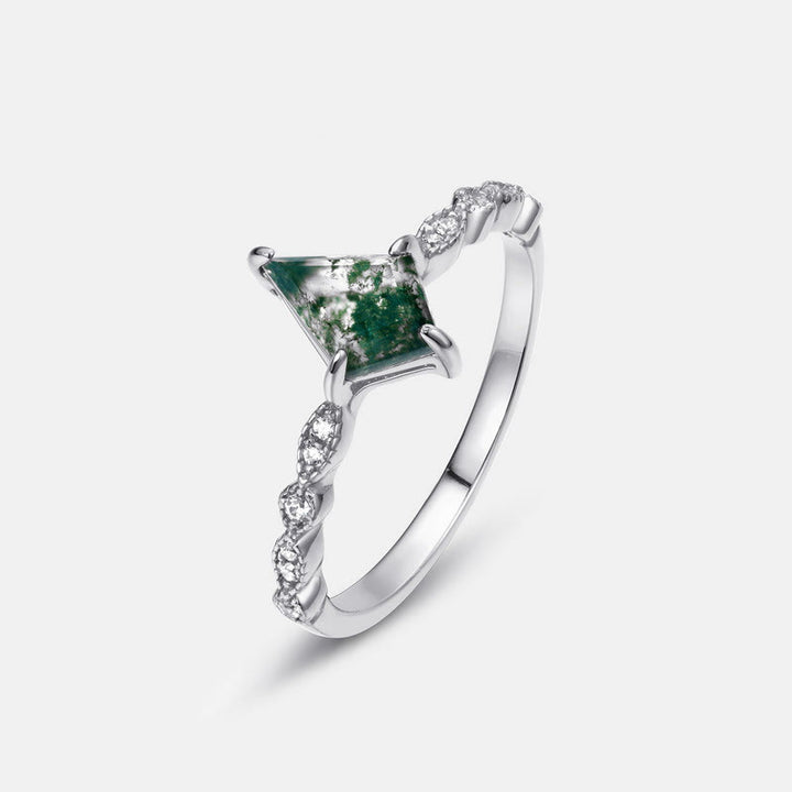 Anillo de cuatro puntas con ágata musgosa y circonita blanca de Olivenorma 
